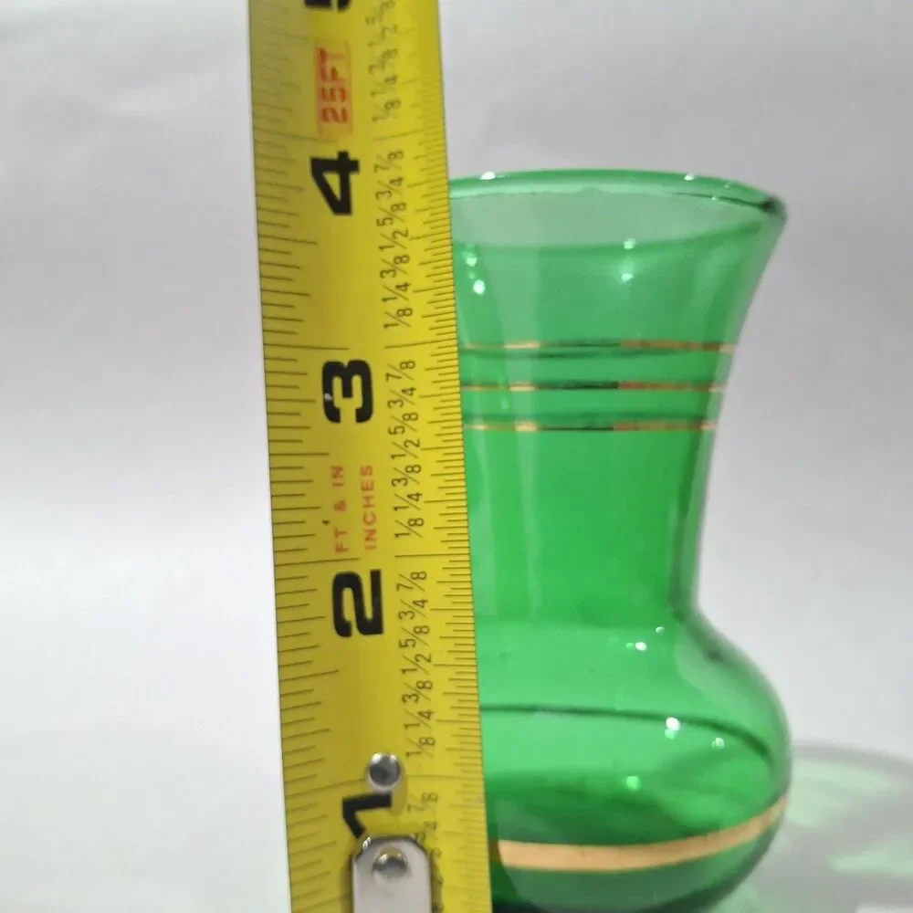 Vintage MCM Anchor Hocking Emerald Green & Gold Striped Bud Vase 3.75 x 2.5